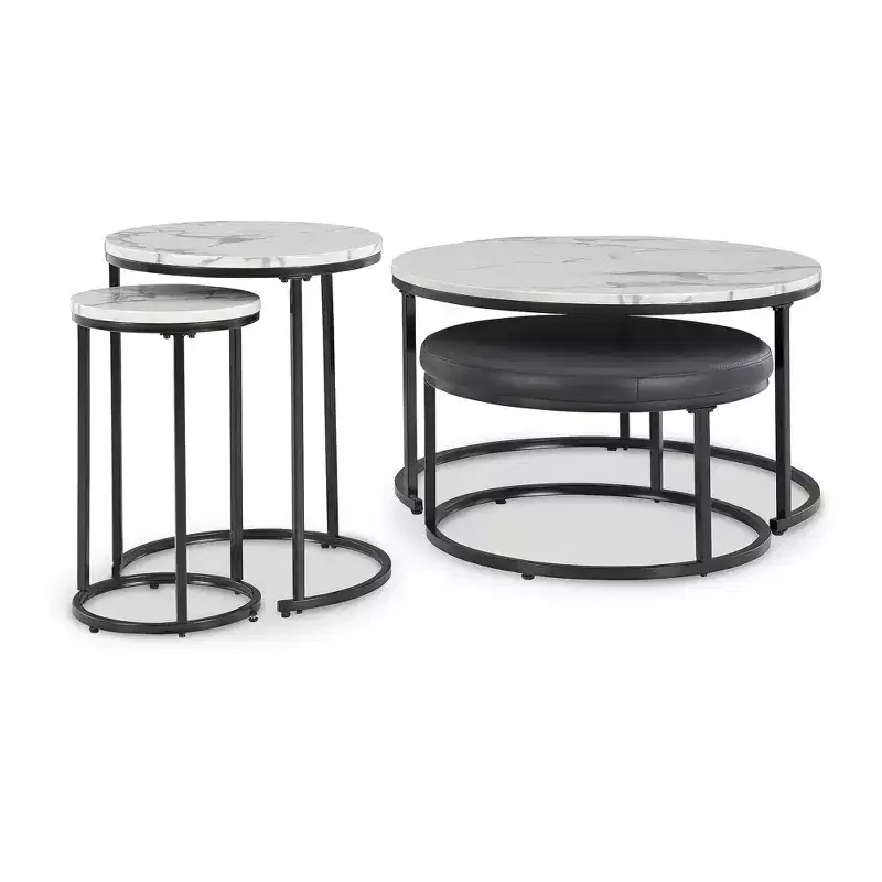 Signature Design by Ashley Jusmour Occasional Nesting Table and Ottoman Set, Faux Marble Top with Black Frame