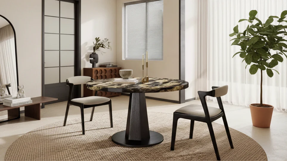 Modern Faux Marble Dining Table with Wood Pedestal Base