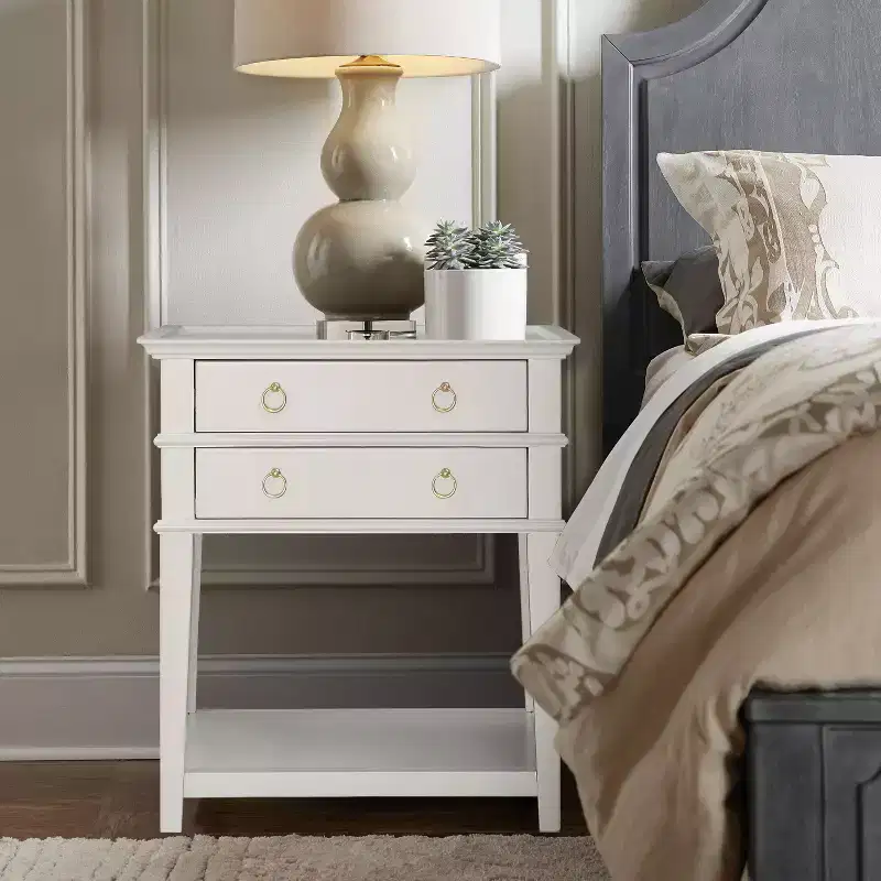 Clara Nightstand White: Recessed Top, 2 Drawers, Open Shelf, Painted MDF, Wood Frame