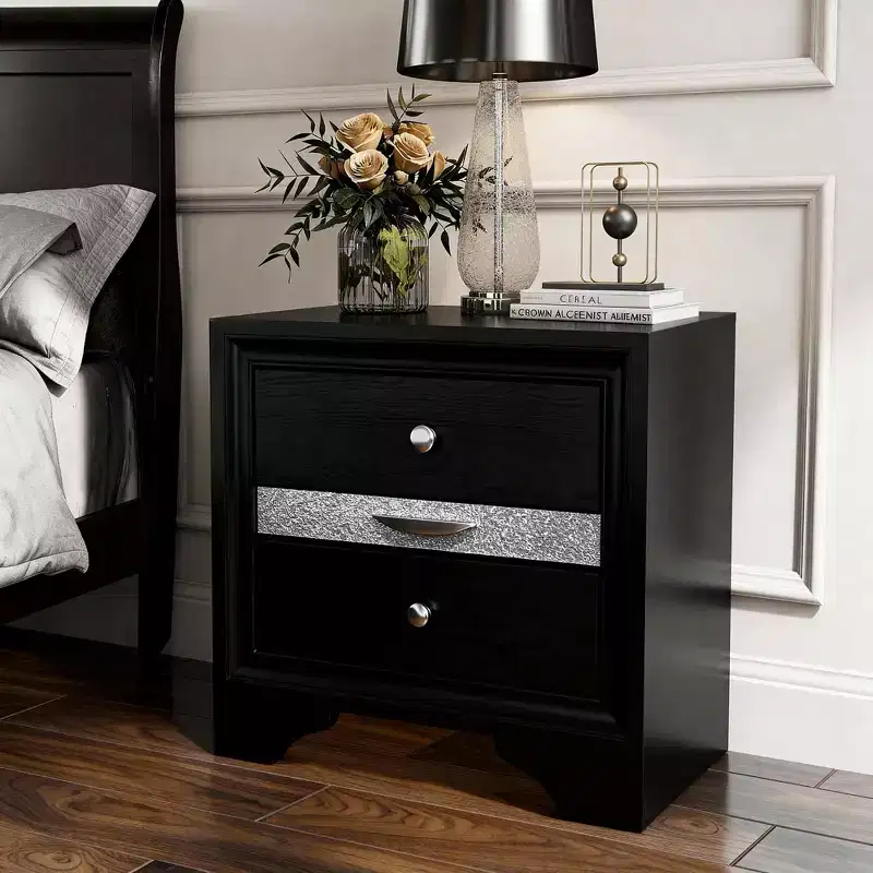 CLIHOME Contemporary Bedroom Storage Cabinet Nightstand with Silver Accents and Hidden Jewelry Drawer