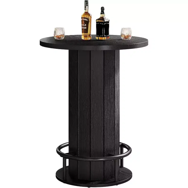 Lantine 39.4 H Round Bar Table, Wood Bistro Pub Table with Metal Ring Footrest for Dining Cocktail Living Room, Small Space,(Only Table)
