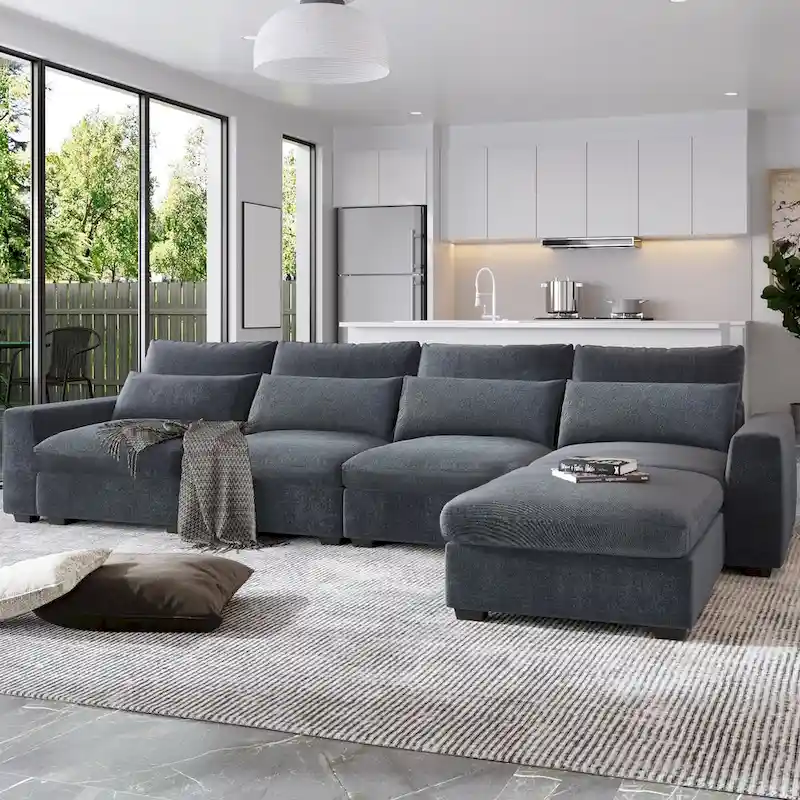 Modern Convertible Large L-shaped Feather Filled Sectional Sofa with Reversible Chaise - 129.9W x 72D x 31.5H