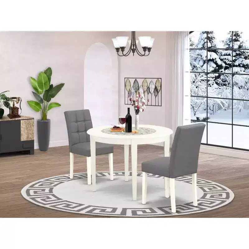 HomeStock 3-Pc Linen White Finish Round Solid Wood Top Dining Table Set - Seats 2