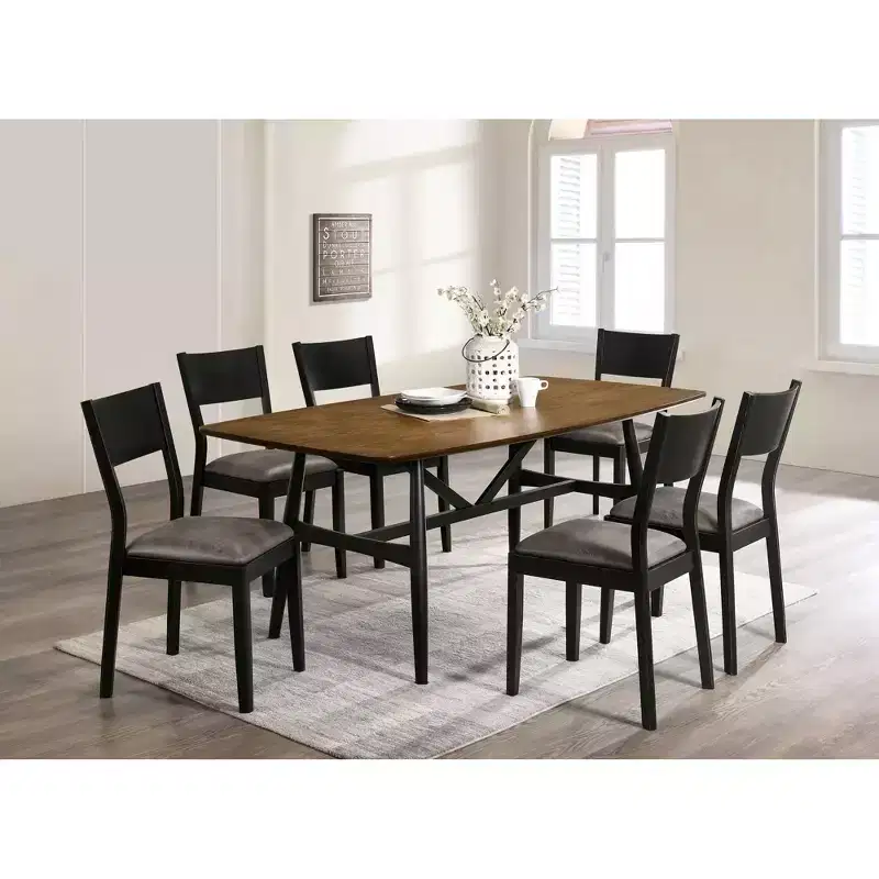 7pc Bernst Mid-Century Modern Dining Table Set Antique Oak/Black/Gray - miBasics: Rubberwood, Upholstered Chairs, Trestle Base