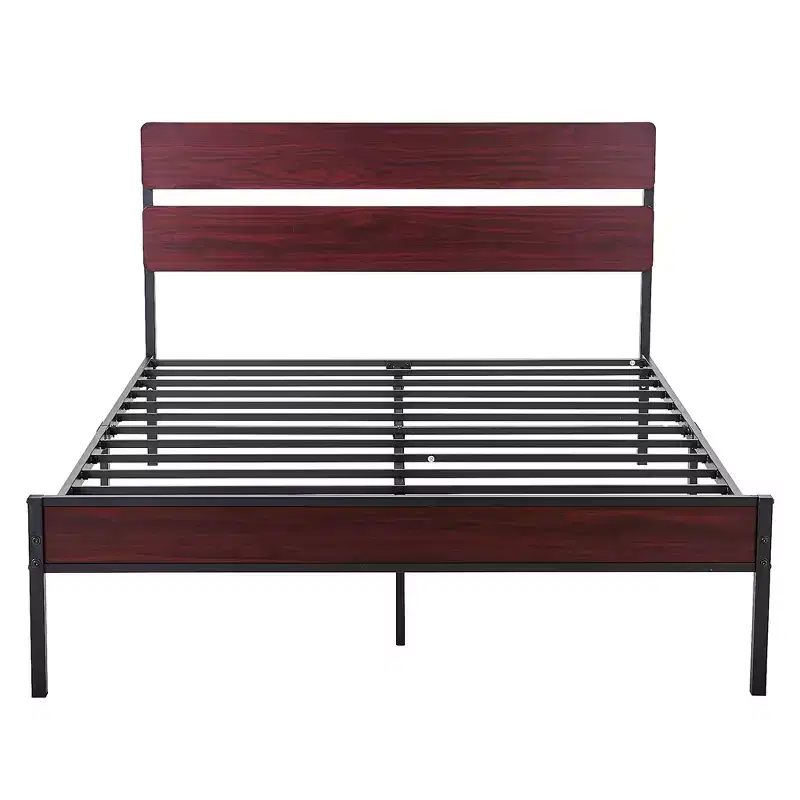 Queen/King Size Bed Frame with Wooden Headboard, Metal Platform, No Box Spring Needed, Heavy Duty Steel Slat, Brown
