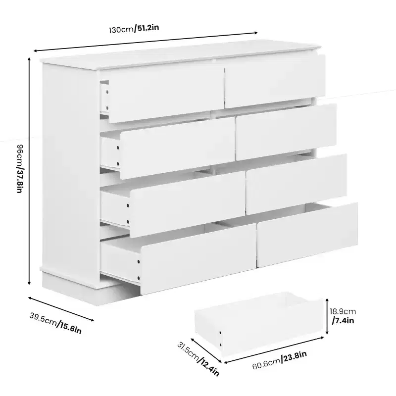 8 Drawer Double Dresser, Modern Wide Wooden Chest, Anti-Tip Device, Large Clothing Storage Cabinet, for Living Room, Entryway