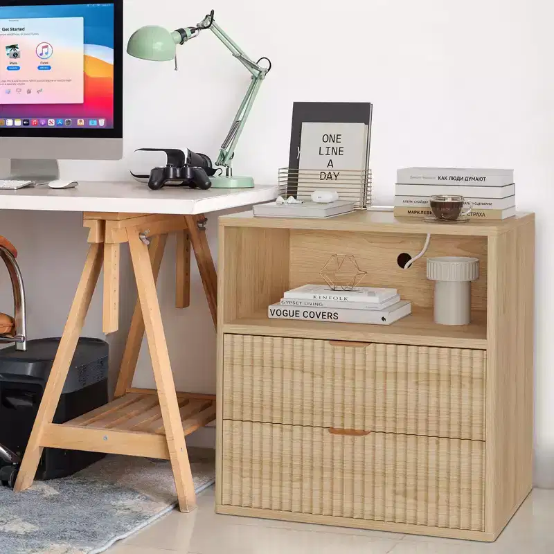 Oak-1 23 Fluted Nightstand C Mid-Century Modern Bedside Table with Charging Station & 2 Drawers