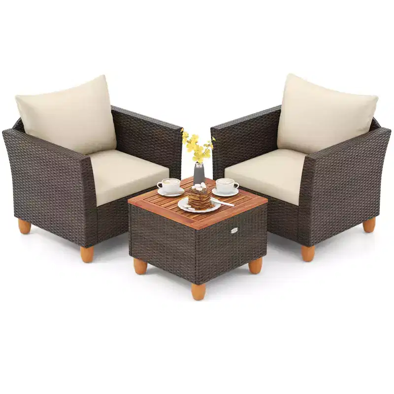 Costway 3PCS Patio Wicker Rattan Sofa Set Furniture Outdoor Acacia Wood Conversation