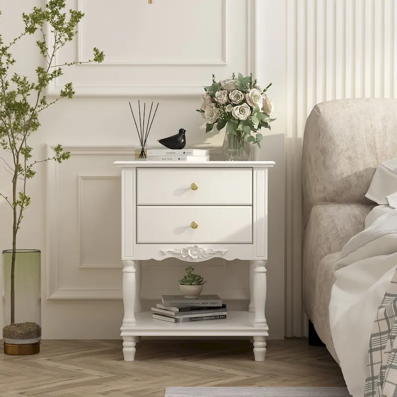 2-Drawer Nightstand with Open Shelves – White, MDF, Lacquer Finish, Single