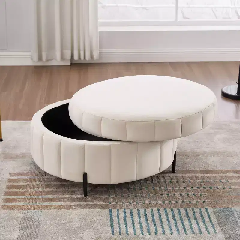 TUYOHW Modern Ottoman with Storage Velvet Upholstered Footstool with Reversible Lid Pumpkin-Shaped Stool for Living Room, Bedroom, Entryway