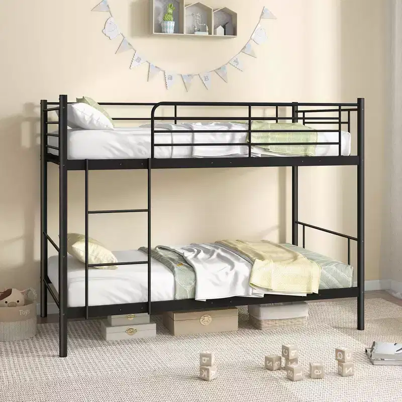 Costway Metal Twin Over Twin Bunk Bed with Built-in Ladder Safety Guardrail Black/White