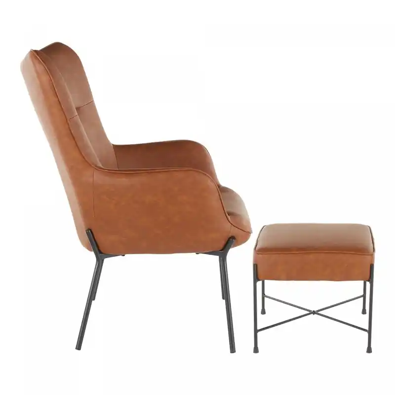 Faux Leather Industrial Accent Lounge Chair and Ottoman - Camel