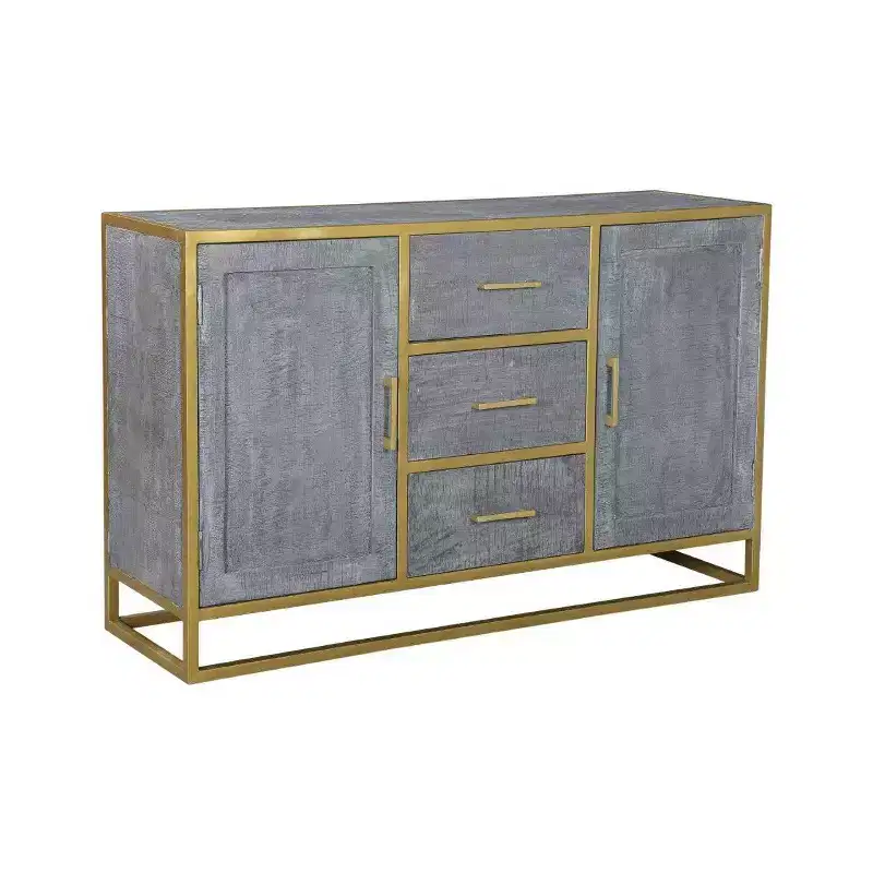 Raven Mango Wood Dining Sideboard Brown - : Sturdy Metal Frame, 3 Drawers, 2 Doors