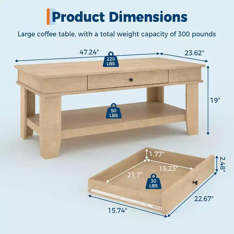 Rustic Rectangular Coffee Table with Sliding Drawer & Open Shelf, Farmhouse Style