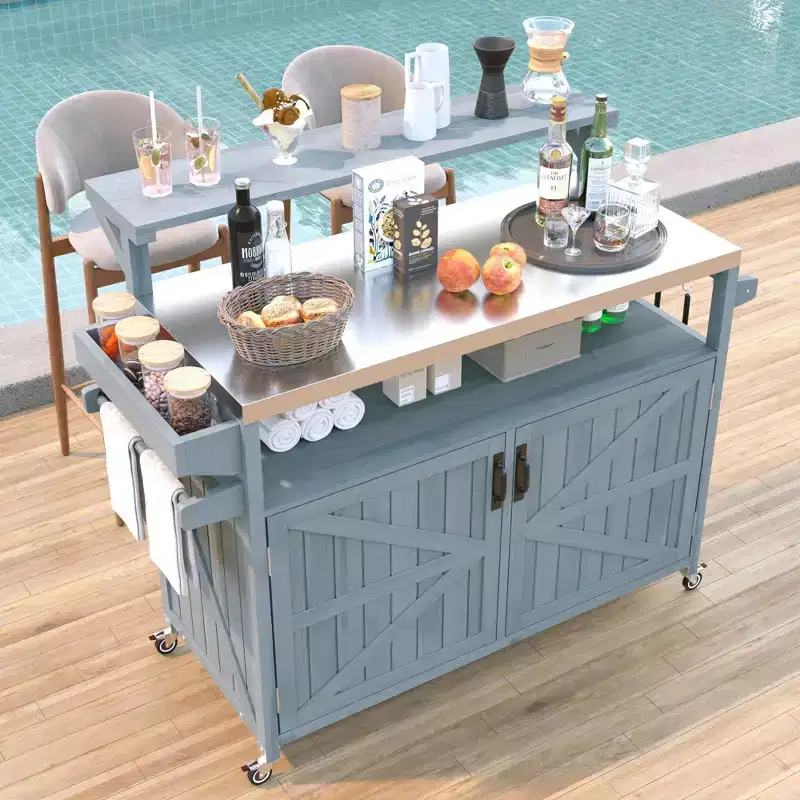 Blue/Brown Outdoor Grill Cart with Raised Shelf & Stainless Steel Top, for 1 User