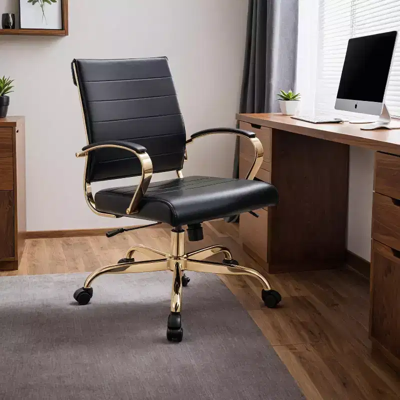 LeisureMod Benmar Leather Office Chair with Gold Accents, Adjustable Height, Swivel Base, Ergonomic Design for Home Office, Study, or Workspace