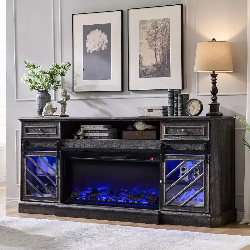 SinCiDo 75 Fireplace TV Stand, Entertainment Center w/ Fireplace, Remote Control, 7 Types of 3D Flames & Led Lights, 2 Drawers, Sliding Barn Door