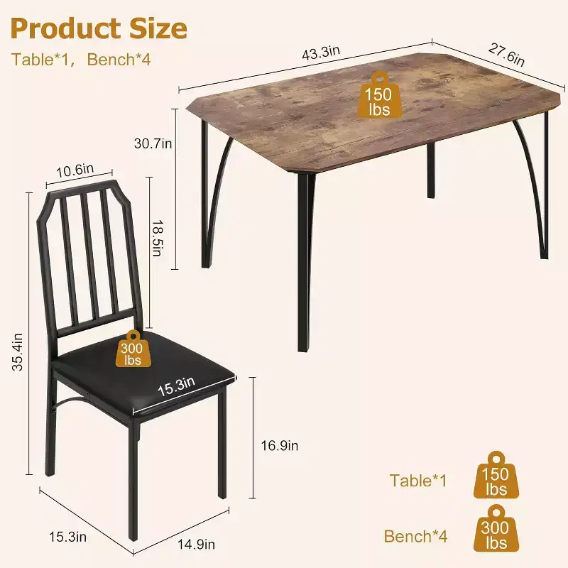 Dining Table Set for 4 - Compact 5-Piece Kitchen Table & Chairs with Chamfer Design, Rustic Brown