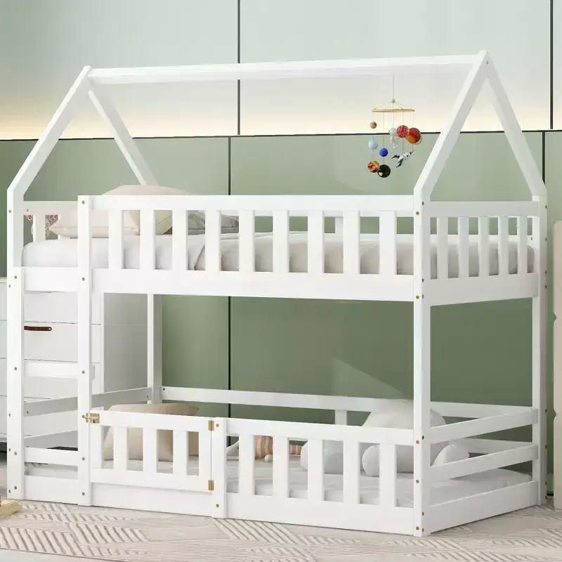 Whisen Wood Twin over Twin House-Shaped Bunk Bed with Fence with Door and Ladder
