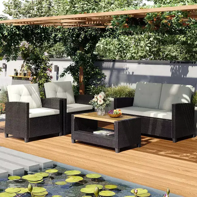 Heynemo 4-Piece Patio Furniture Set, All Weather Wicker Patio Conversation Seating Sets with 2-Tier Coffee Table, Outdoor Sofa Couch