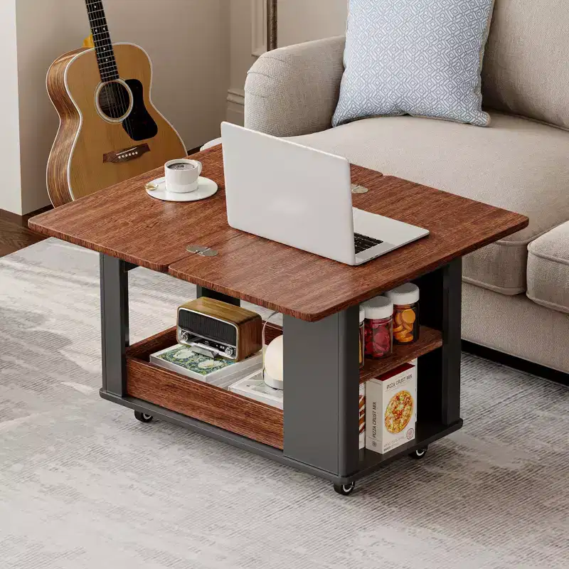 27.6-Inch Foldable Top Coffee Table with Casters Multi-Tier Storage