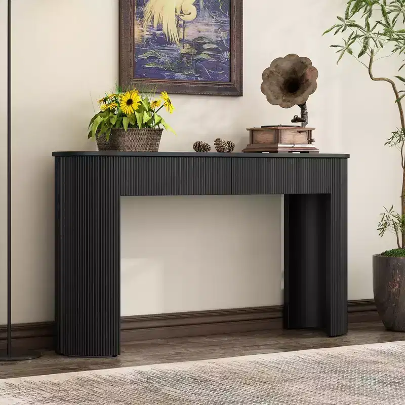 54IN Modern Console Table with Fluted Design, Entryway Table with 2 Storage Drawers and Oval Top, Accent Table for Hallway, Living Room, Black