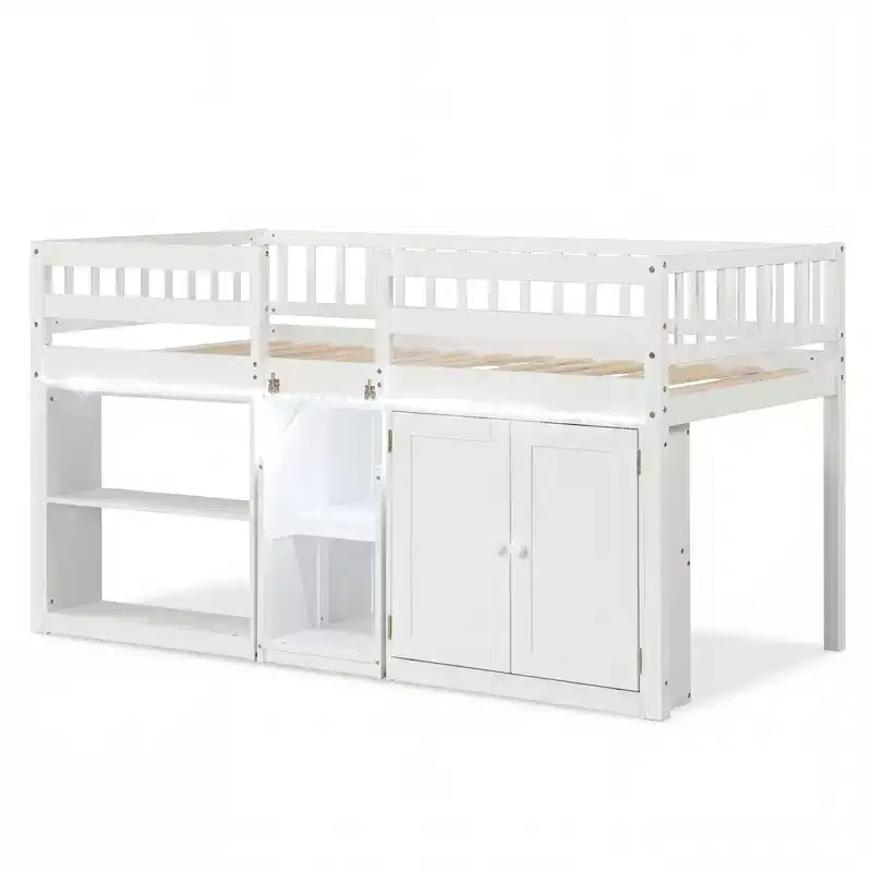 Twin Low Loft Bed with LED Light, Stairs & Guardrails, Modern Pine Wood Kids Bed, White/Mint/Gray