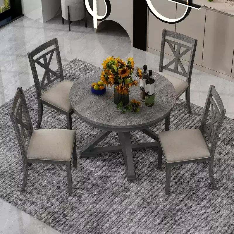 Whisen 5-Piece Extendable Wood Dining Table Set with 4-Upholstered Chairs