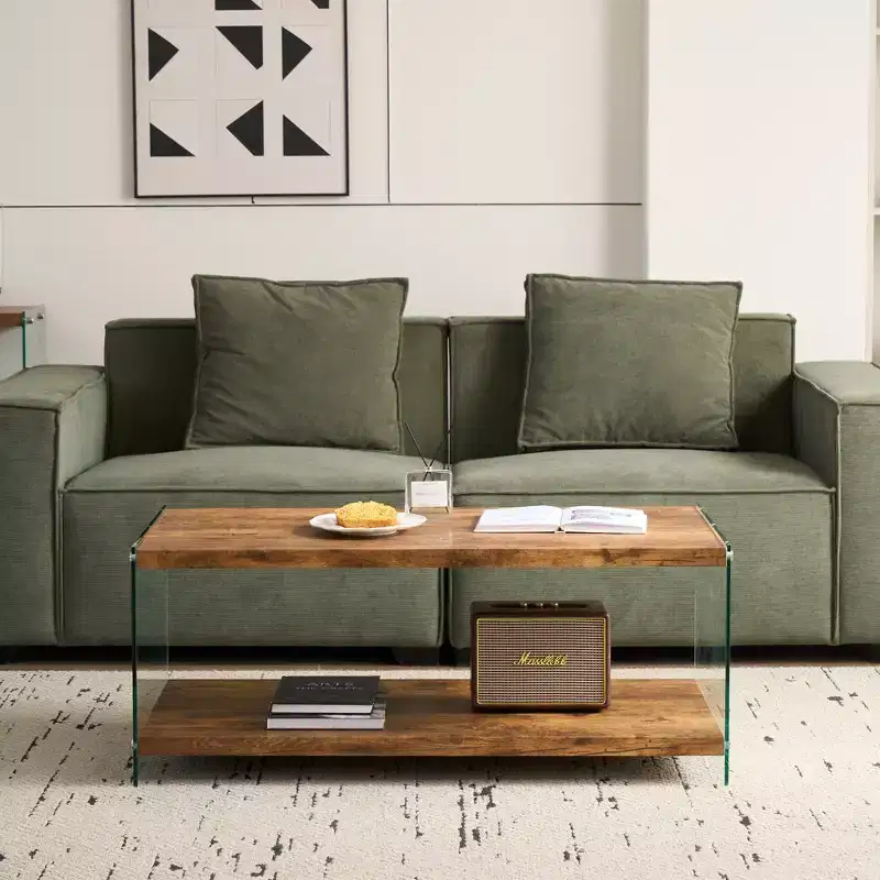 GDFStudio Gibson Modern Wood and Tempered Glass Coffee Table with Open Shelf