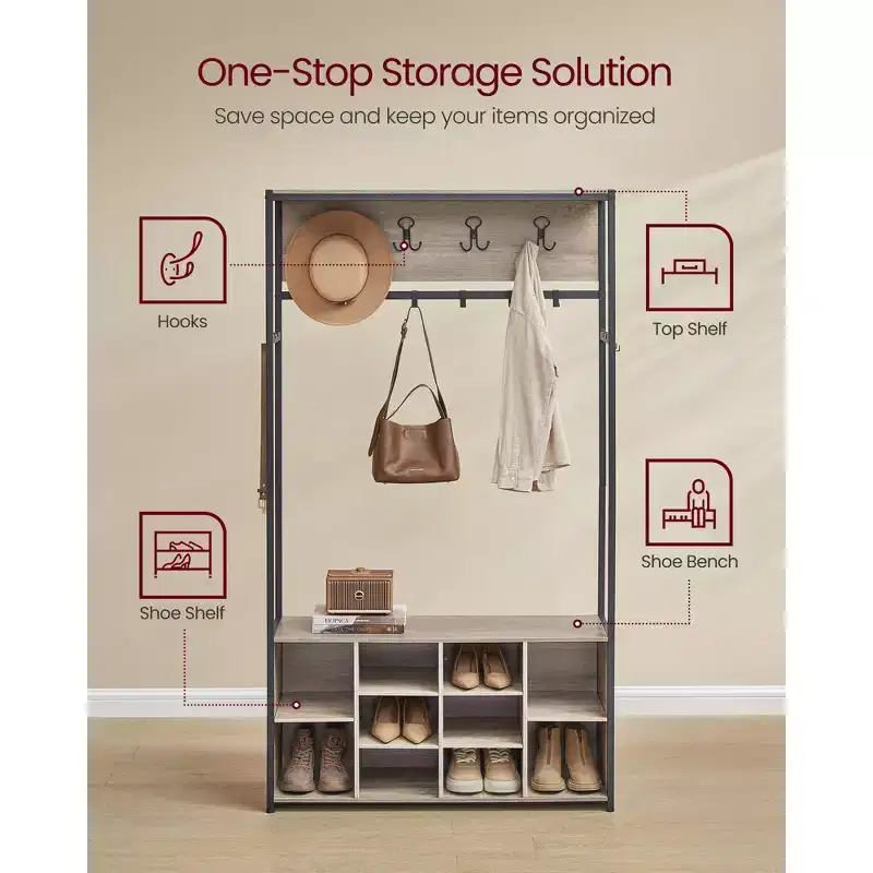 VASAGLE Hall Tree with Bench and Shoe Storage, Coat Rack with Shoe Bench, Entryway Furniture, Open Compartments