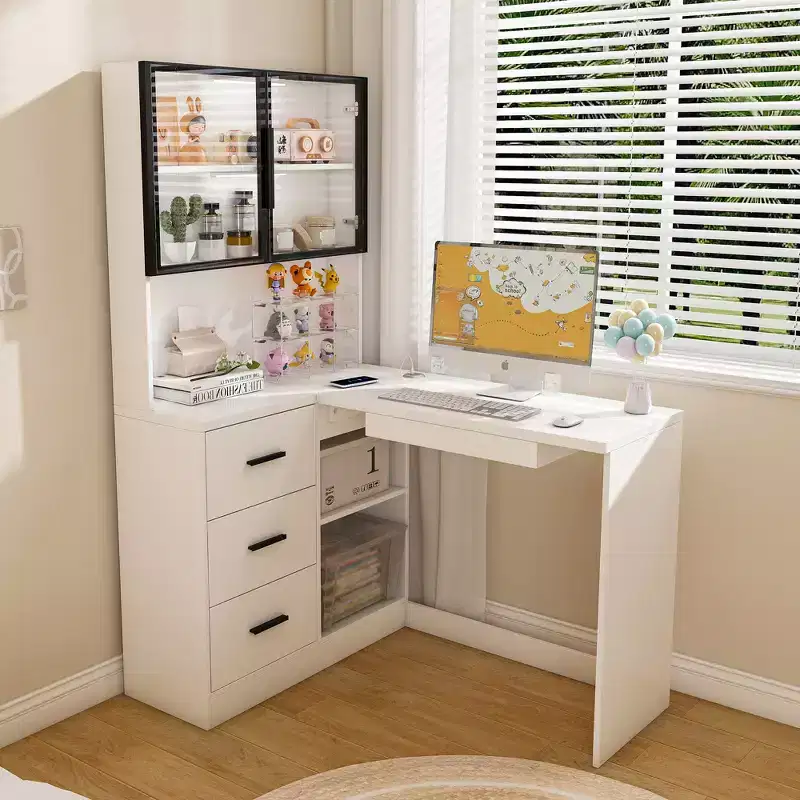 JVNOXK Computer desk with glass cabinet and built-in LED lighting, L-shaped corner desk, featuring USB charging ports and keyboard tray, white