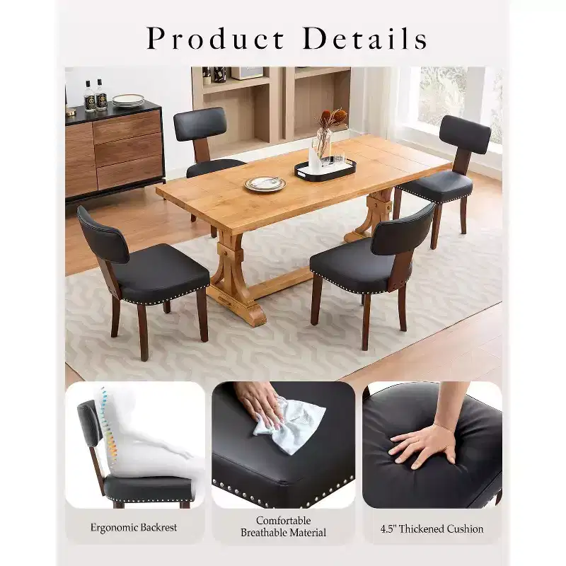 Modern Leather Dining Chairs Set of 2  Upholstered Curved Backrest, Hardwood Frame & Nailhead Trim, 265lb Capacity
