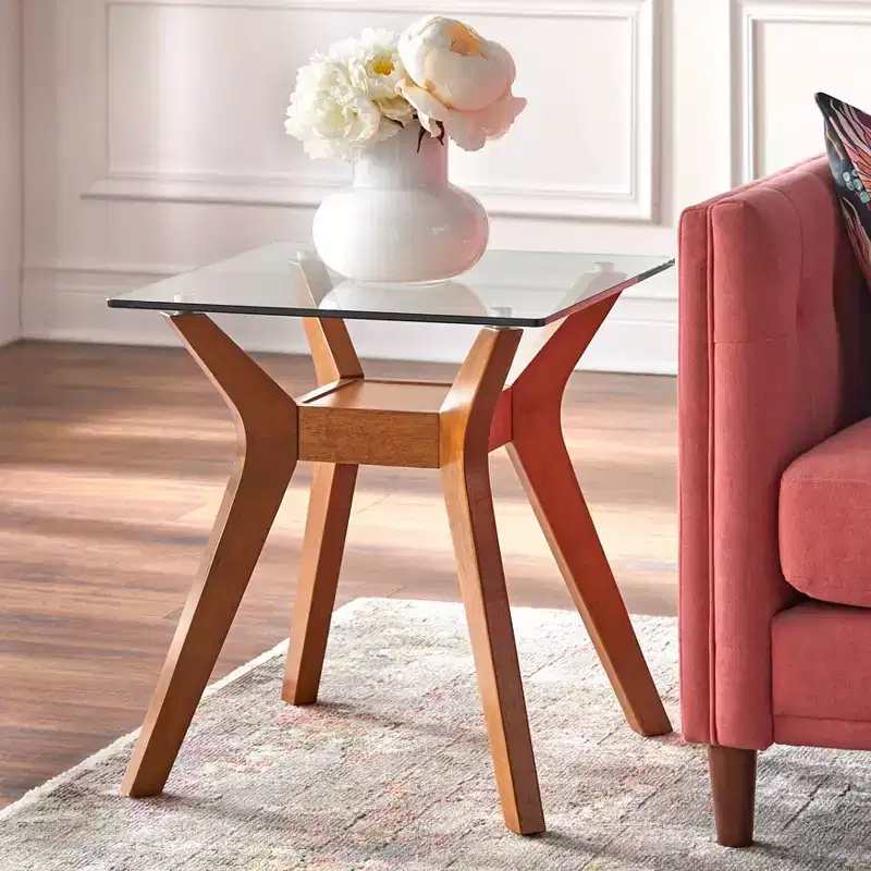 Glass Top End Table – Walnut Finish, Mid-Century Modern Style