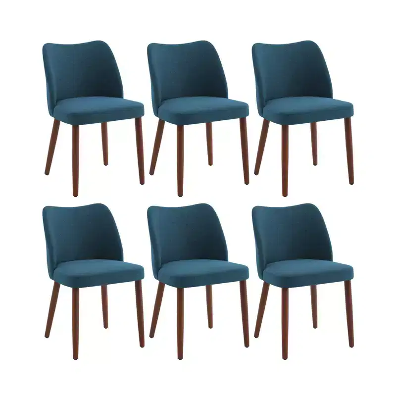 Set of 6 Wing Back Dining Chairs, Linen Upholstered High Back with Wood Legs
