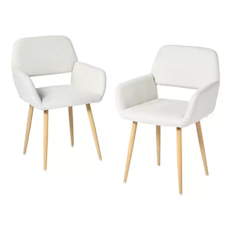 HomeRoots Set of Two Beige and Oak Fabric and Steel Dining Arm Chairs