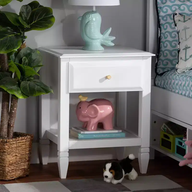 Wood Bedroom Nightstand, White/Gold