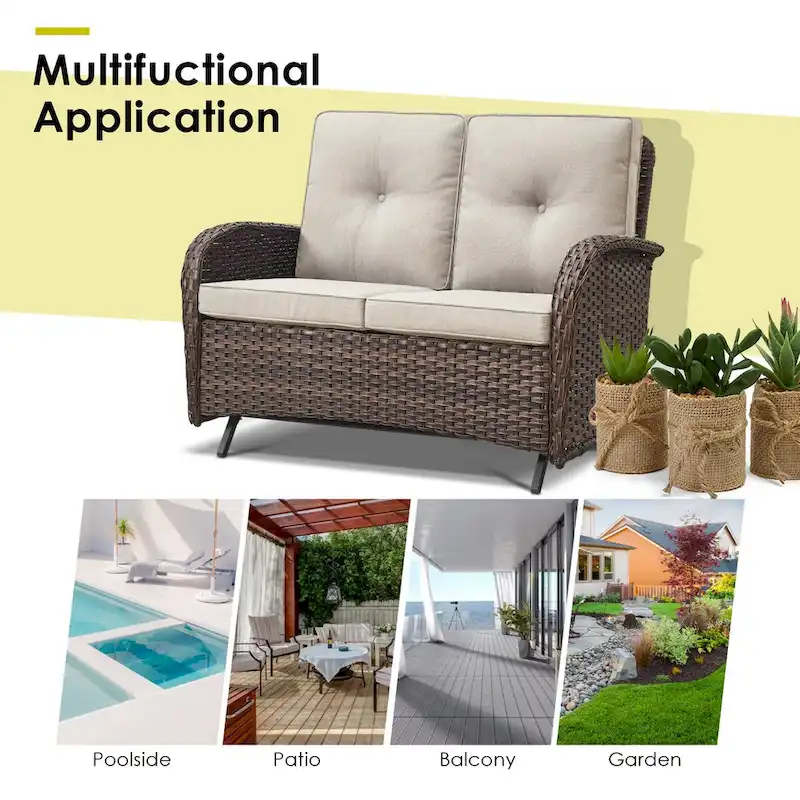 Patio Glider Rocking Chair with Sofa and Ottoman, Coffee Table - Brown
