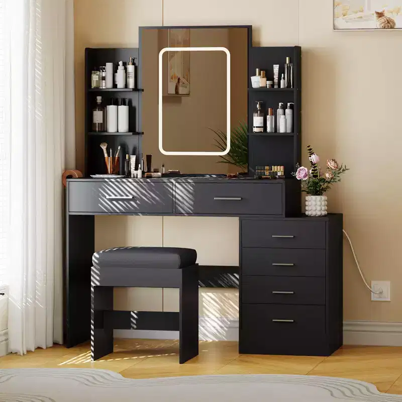 Makeup Vanity, Vanity Desk with Mirror , White Vanity with 6 Drawers and Shelves, Vanity Desk, Vanity with Stool