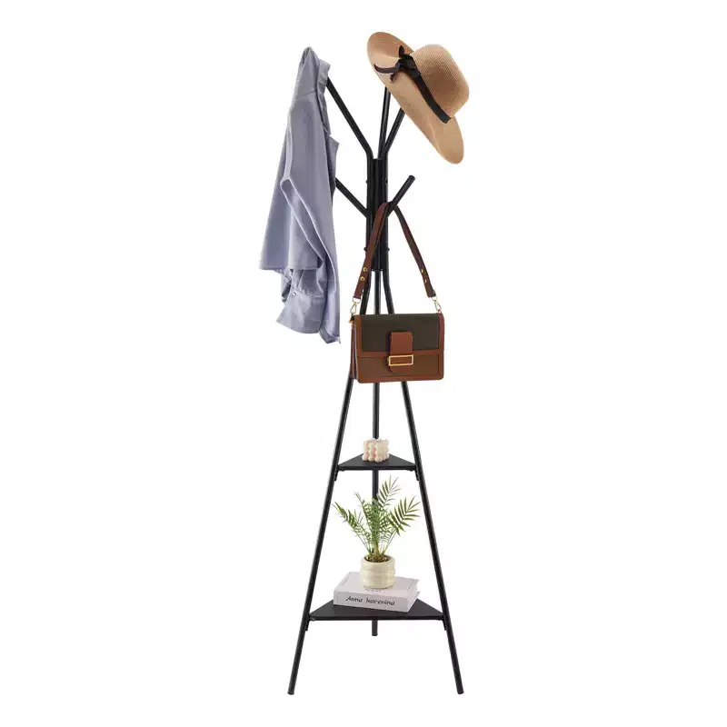 VEVOR Coat Rack, Freestanding Coats Rack Stand with 2 Shelves & 6 Hooks, Free Standing Hall Coat Tree for Entryway, Bedroom, Living Room, Black