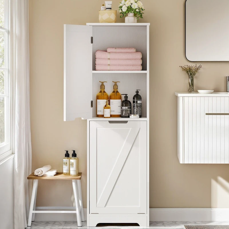 Moasis 53H Tilt Out Laundry Hamper Bathroom Storage Cabinet with Adjustable Shelves and Basket