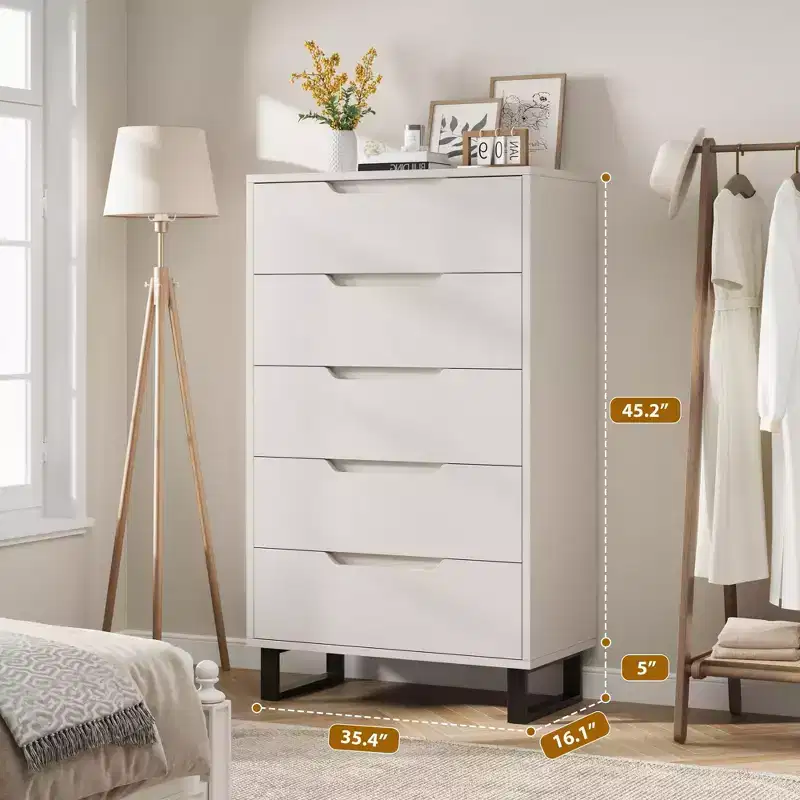 5-Drawer White Bedroom Dressers: 50 Tall Freestanding Vertical Wooden Chest with Storage for Living Room, Hallway & Entryway