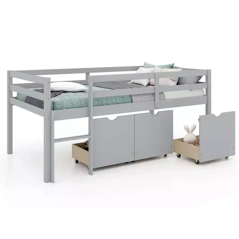 Costway Twin Size Low Loft Bed with 3 Drawers Ladder & Full-length Guardrails Storage White/Grey