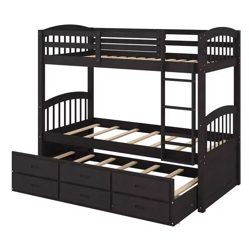 Wood Twin over Twin Bunk Bed with Ladder, Trundle & Drawers