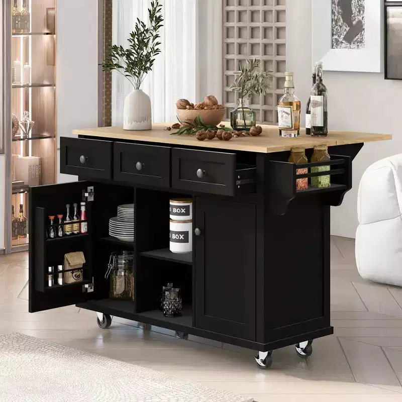 JVNOXK Five-wheel kitchen cart with rubberwood folding countertop and interior storage shelves in cabinet doors. Ideal for dining rooms. Black