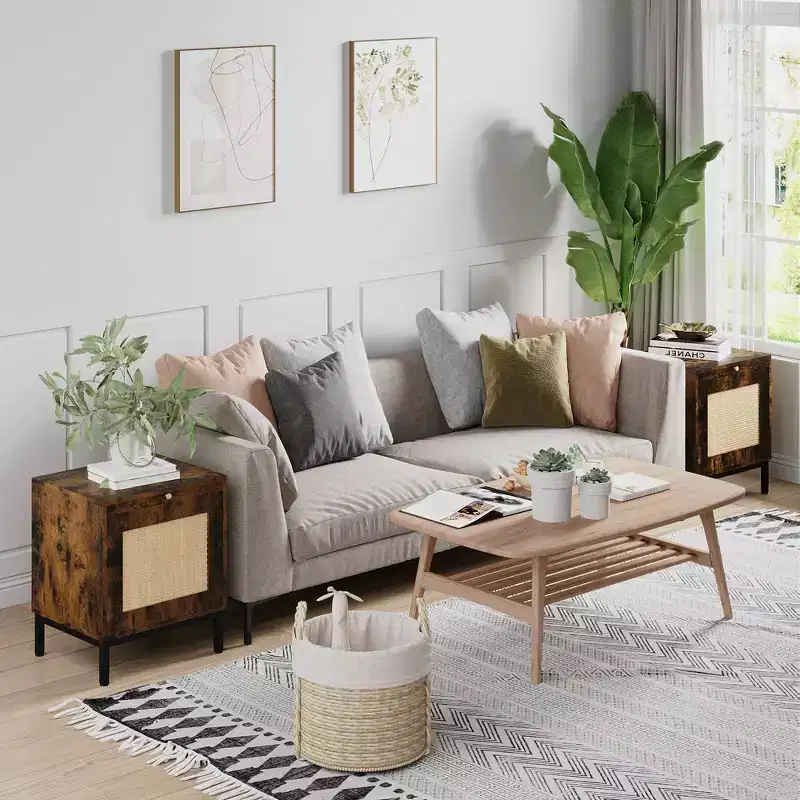 Rattan End Table, Wood Nightstand with Tray for Living Room, Bedroom Side Table with Storage Shelf