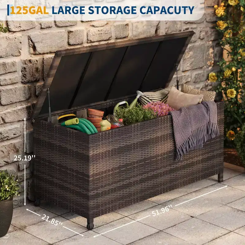 Acekool Rattan Deck Storage Box with Wheels, PP Lid and Zip Liner, for Patio Pool Yard