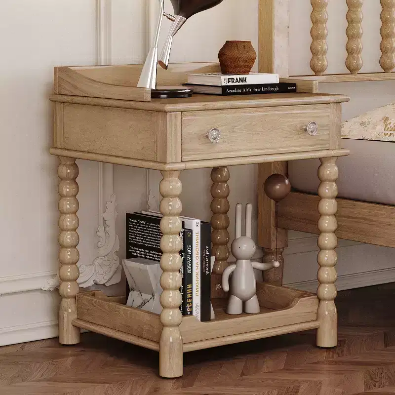 Retro Nightstand with Drawer and Open Shelf, Bedside Table with Turned Legs and Metal Handle, End Table for Bedroom