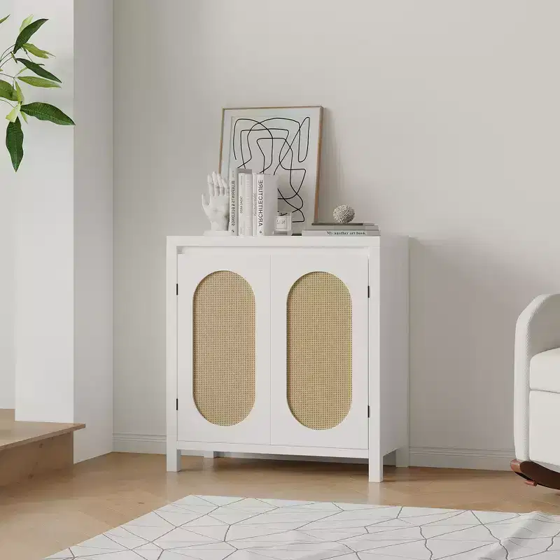 Modern Sideboard - Feature Rattan Storage Cabinet with Adjustable Shelves and Doors, Bohemian Style Small Console Cabinet