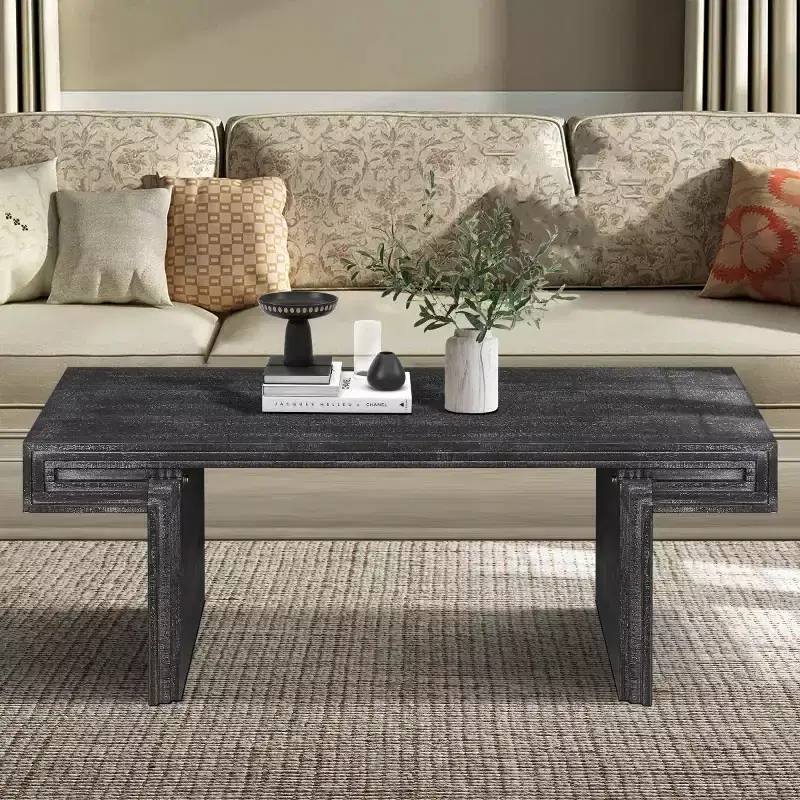 48 Vintage Wood Coffee Table, Rectangular Cocktail Center Table with Trestle Base for Living Room - Panipeachy