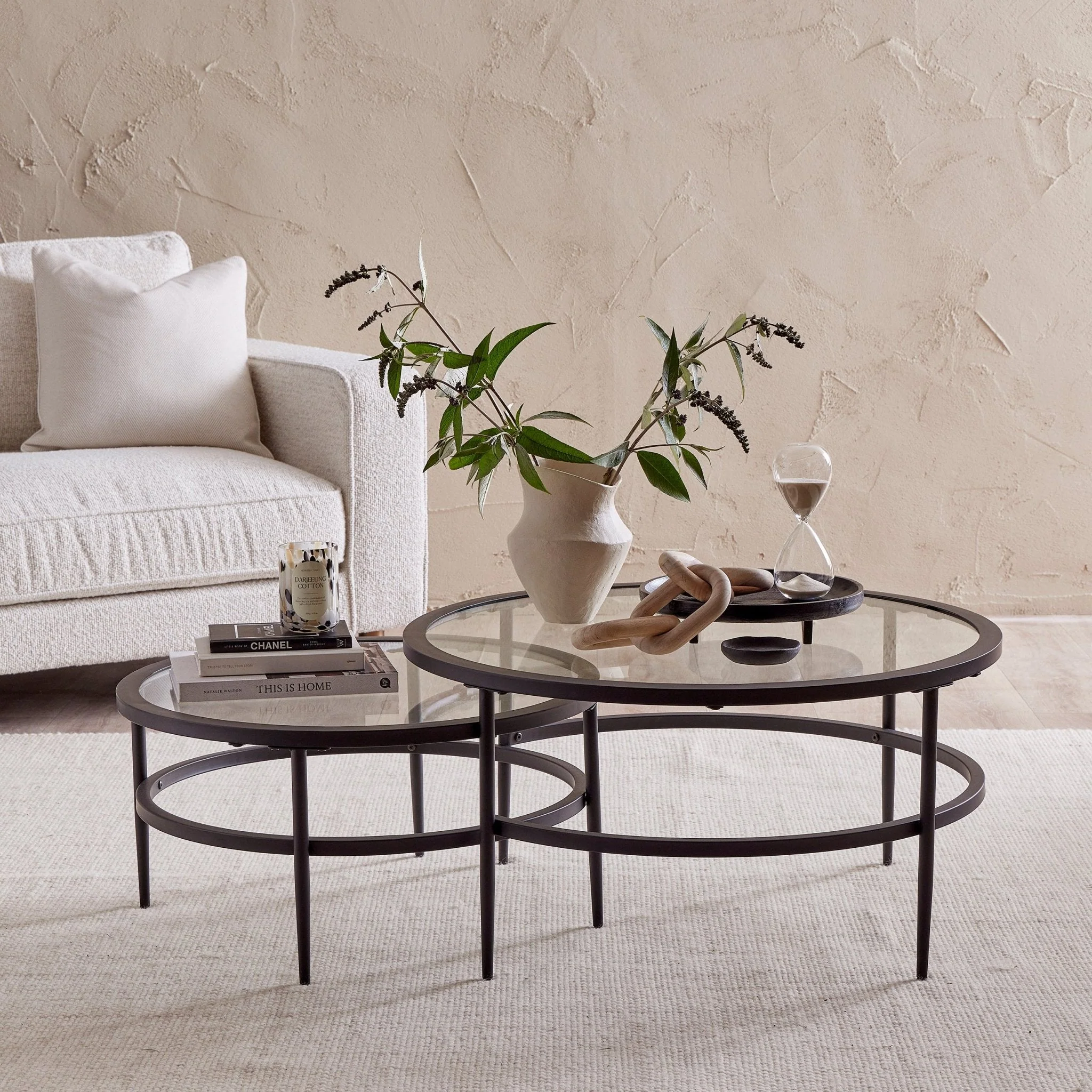 Contemporary Black Glass Metal Nesting Coffee Table with Space-Saving Design for Living Room